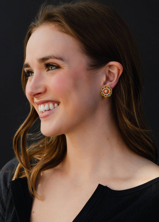 Ivory, Lt. Green & Orange Beaded Stud Earrings - La Vie Est Belle