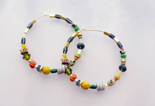Jewel Toned Large Beaded Hoops - La Vie Est Belle