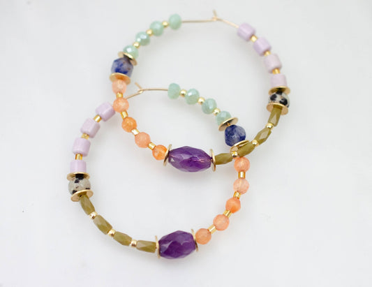 Large Amethyst Beaded Hoop Earrings - La Vie Est Belle