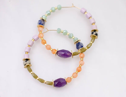 Large Amethyst Beaded Hoop Earrings - La Vie Est Belle