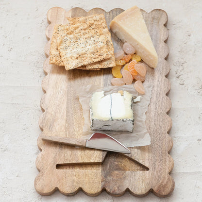 Mango Wood Scalloped Cheese/Serving Board w/ Stainless Steel Cheese Knife, Set of 2 - La Vie Est Belle