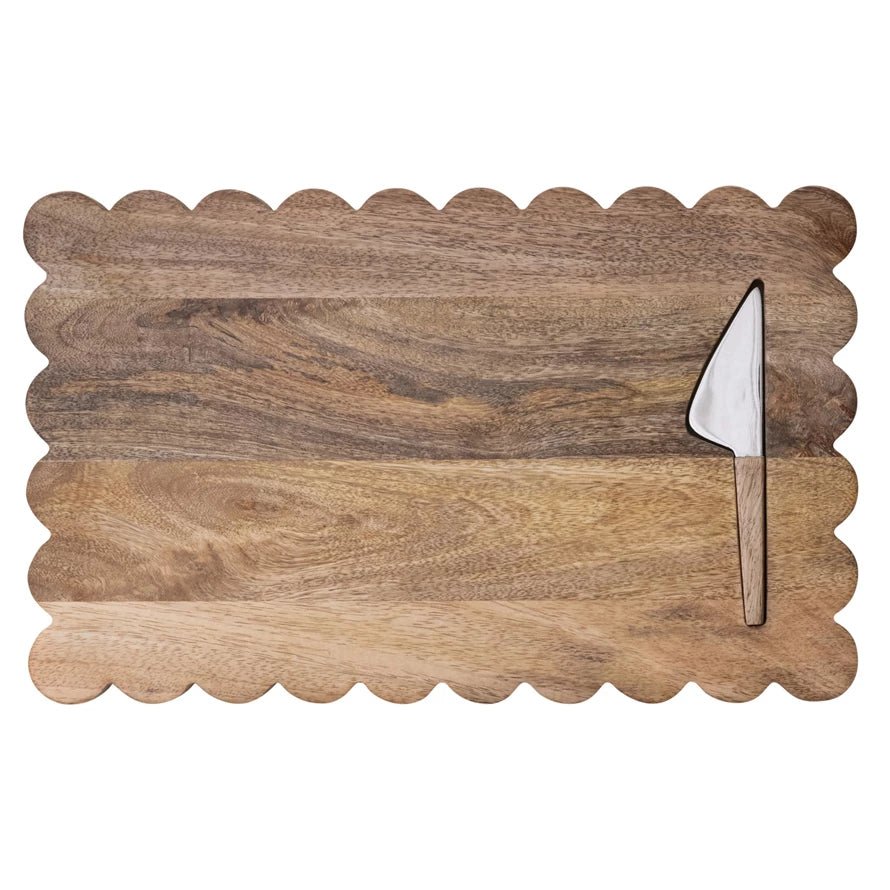 Mango Wood Scalloped Cheese/Serving Board w/ Stainless Steel Cheese Knife, Set of 2 - La Vie Est Belle