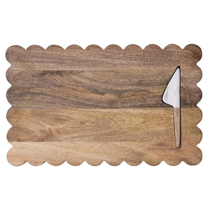 Mango Wood Scalloped Cheese/Serving Board w/ Stainless Steel Cheese Knife, Set of 2 - La Vie Est Belle