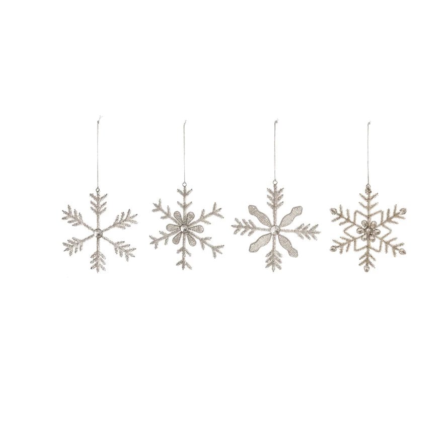 Metal & Glass Bead Snowflake Ornament, Silver Finish, 4 Styles - La Vie Est Belle