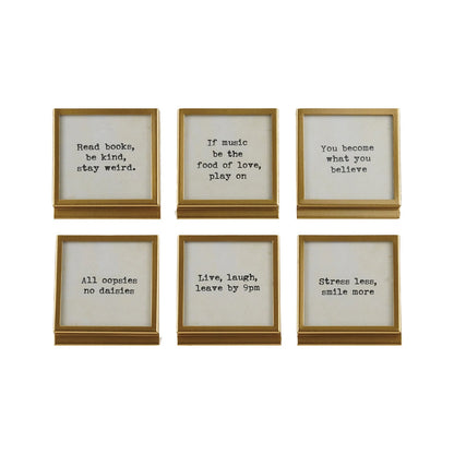 Metal & Glass Frame with Easel & Saying, Gold Finish, 6 Styles (Holds 3" Square Photo) - La Vie Est Belle