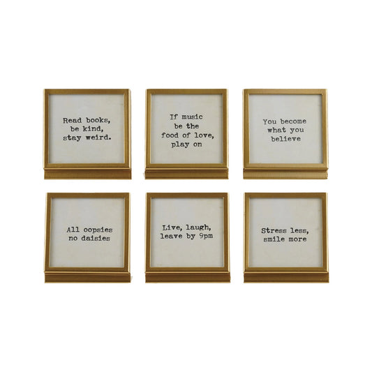 Metal & Glass Frame with Easel & Saying, Gold Finish, 6 Styles (Holds 3" Square Photo) - La Vie Est Belle