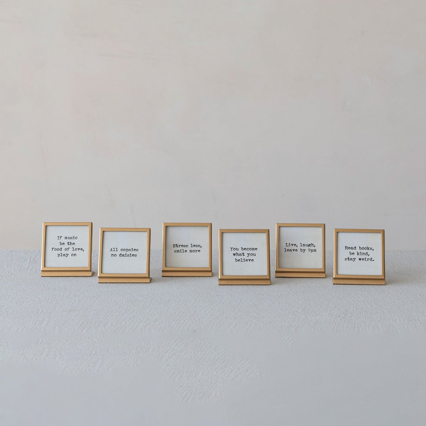Metal & Glass Frame with Easel & Saying, Gold Finish, 6 Styles (Holds 3" Square Photo) - La Vie Est Belle