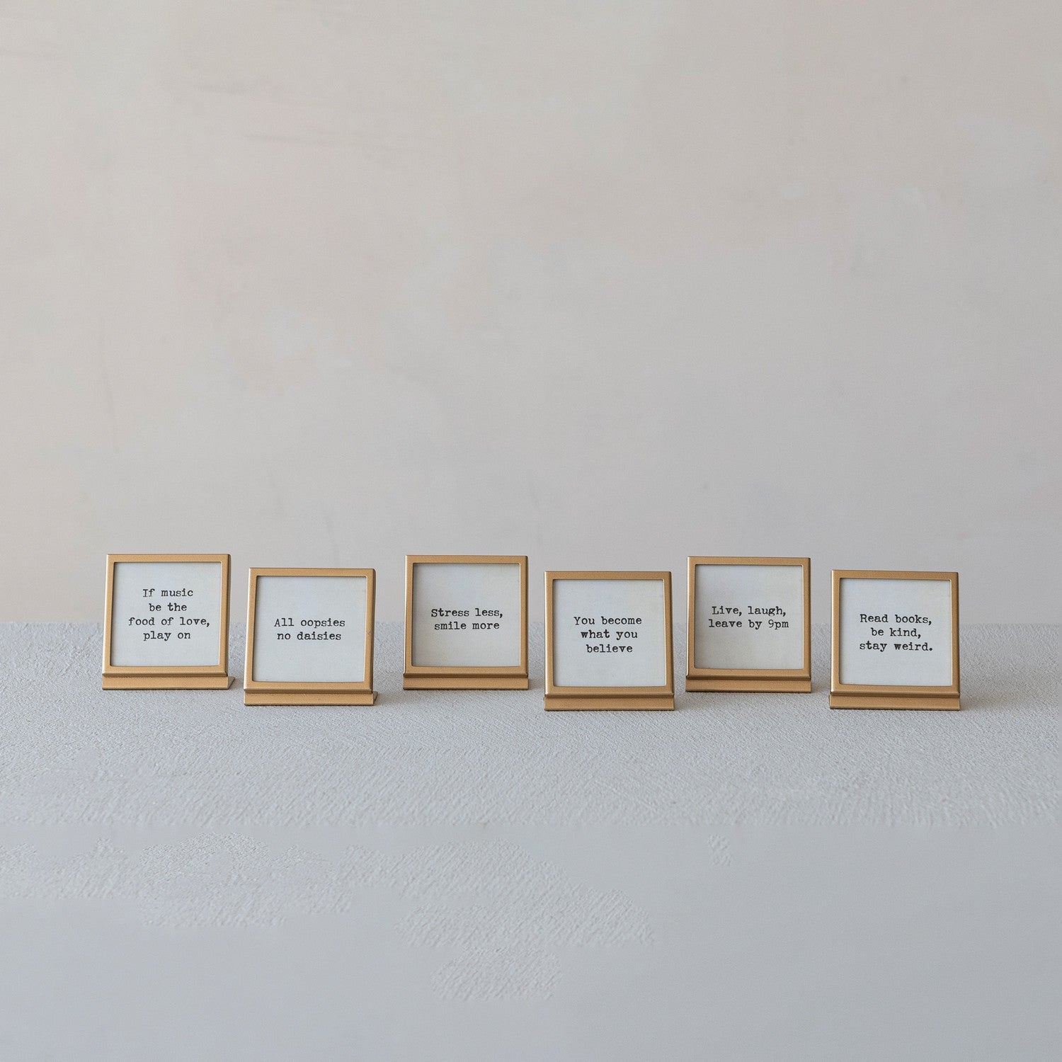 Metal & Glass Frame with Easel & Saying, Gold Finish, 6 Styles (Holds 3" Square Photo) - La Vie Est Belle