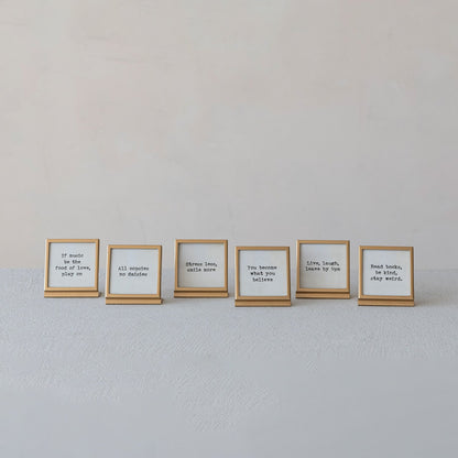 Metal & Glass Frame with Easel & Saying, Gold Finish, 6 Styles (Holds 3" Square Photo) - La Vie Est Belle