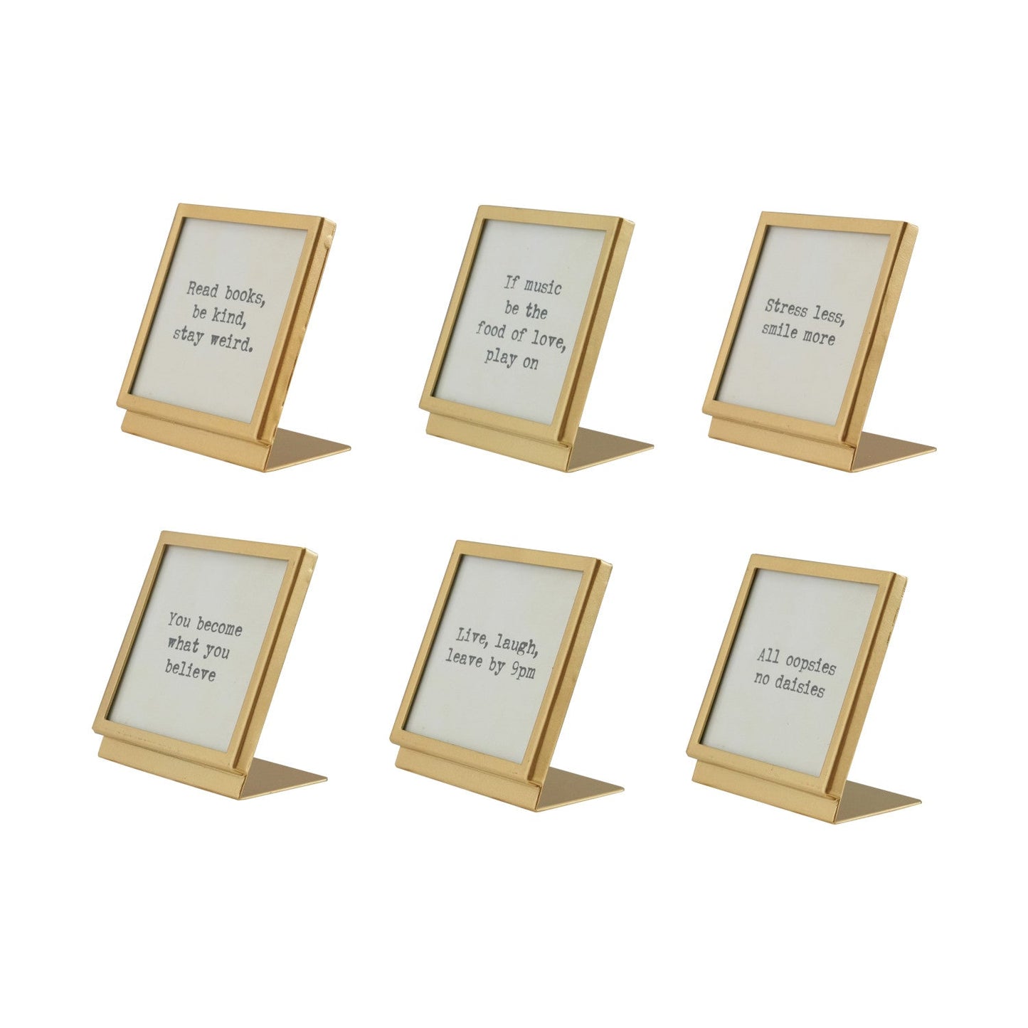 Metal & Glass Frame with Easel & Saying, Gold Finish, 6 Styles (Holds 3" Square Photo) - La Vie Est Belle