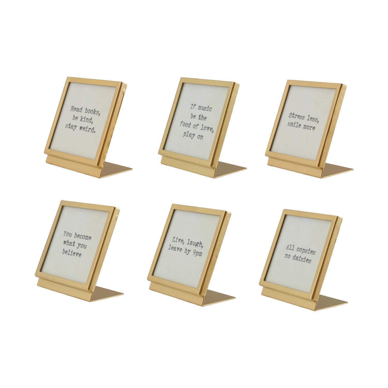 Metal & Glass Frame with Easel & Saying, Gold Finish, 6 Styles (Holds 3" Square Photo) - La Vie Est Belle