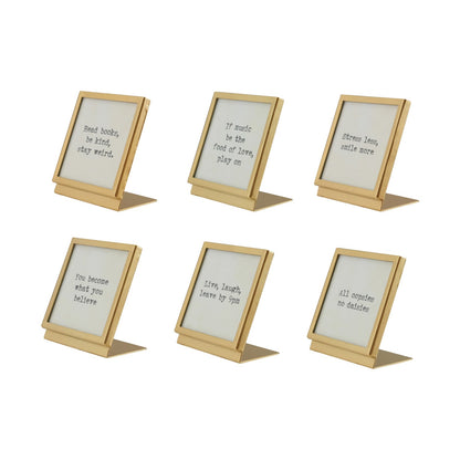 Metal & Glass Frame with Easel & Saying, Gold Finish, 6 Styles (Holds 3" Square Photo) - La Vie Est Belle