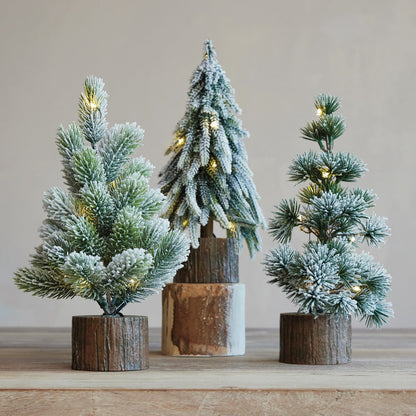Plastic Tree with Faux Wood Slice Base & LED Light, Snow Finish, 3 Styles - La Vie Est Belle