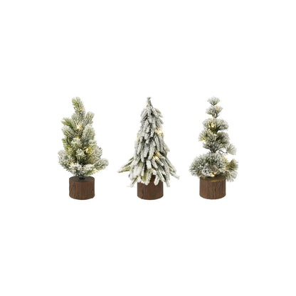 Plastic Tree with Faux Wood Slice Base & LED Light, Snow Finish, 3 Styles - La Vie Est Belle