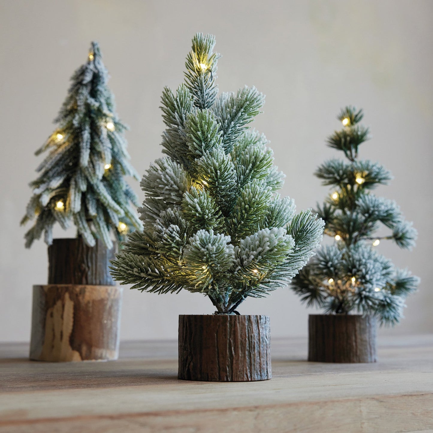 Plastic Tree with Faux Wood Slice Base & LED Light, Snow Finish, 3 Styles - La Vie Est Belle