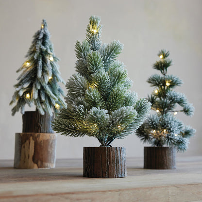 Plastic Tree with Faux Wood Slice Base & LED Light, Snow Finish, 3 Styles - La Vie Est Belle