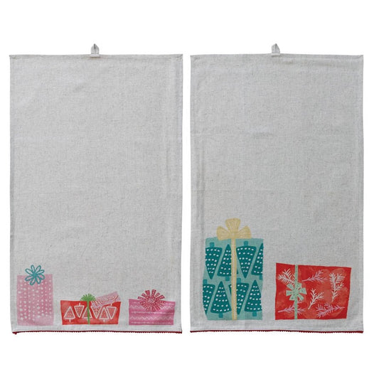 Printed Tea Towel with Gifts & Red Pom Pom Trim, 2 Styles - La Vie Est Belle