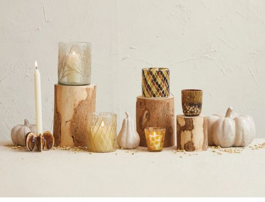 Recycled Glass Candle Holder w/ Embedded Salt Cedar Leaves - La Vie Est Belle
