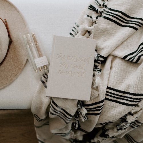 She Believed She Could Tan Fabric Journal - La Vie Est Belle