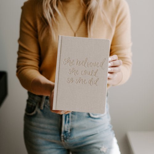 She Believed She Could Tan Fabric Journal - La Vie Est Belle
