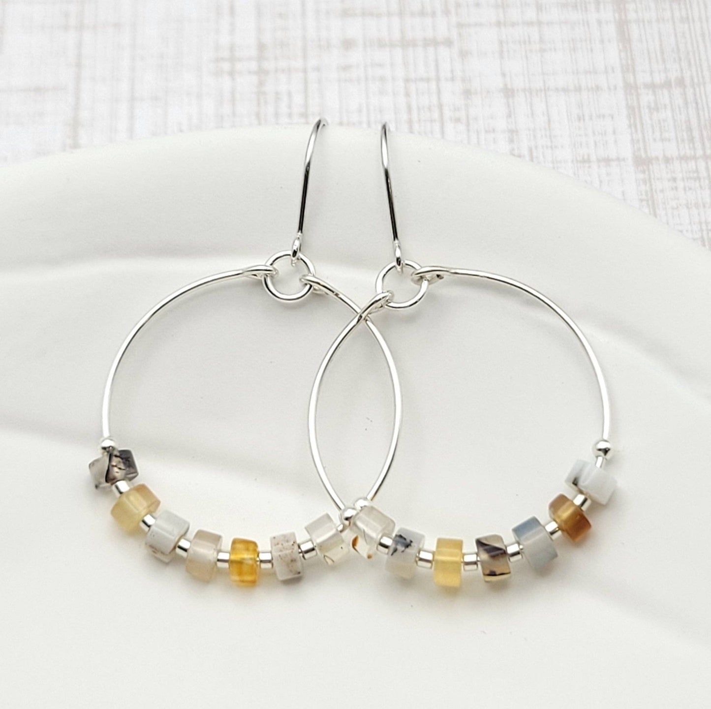 Silver Hoop Earrings with Montana Agate Gemstones - La Vie Est Belle