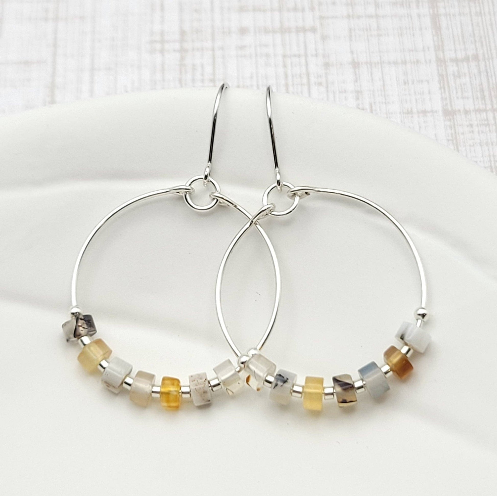 Silver Hoop Earrings with Montana Agate Gemstones - La Vie Est Belle