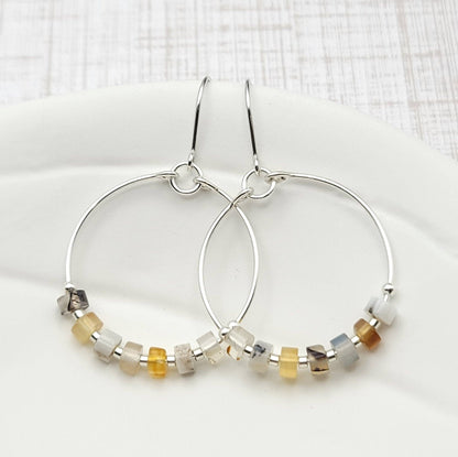 Silver Hoop Earrings with Montana Agate Gemstones - La Vie Est Belle
