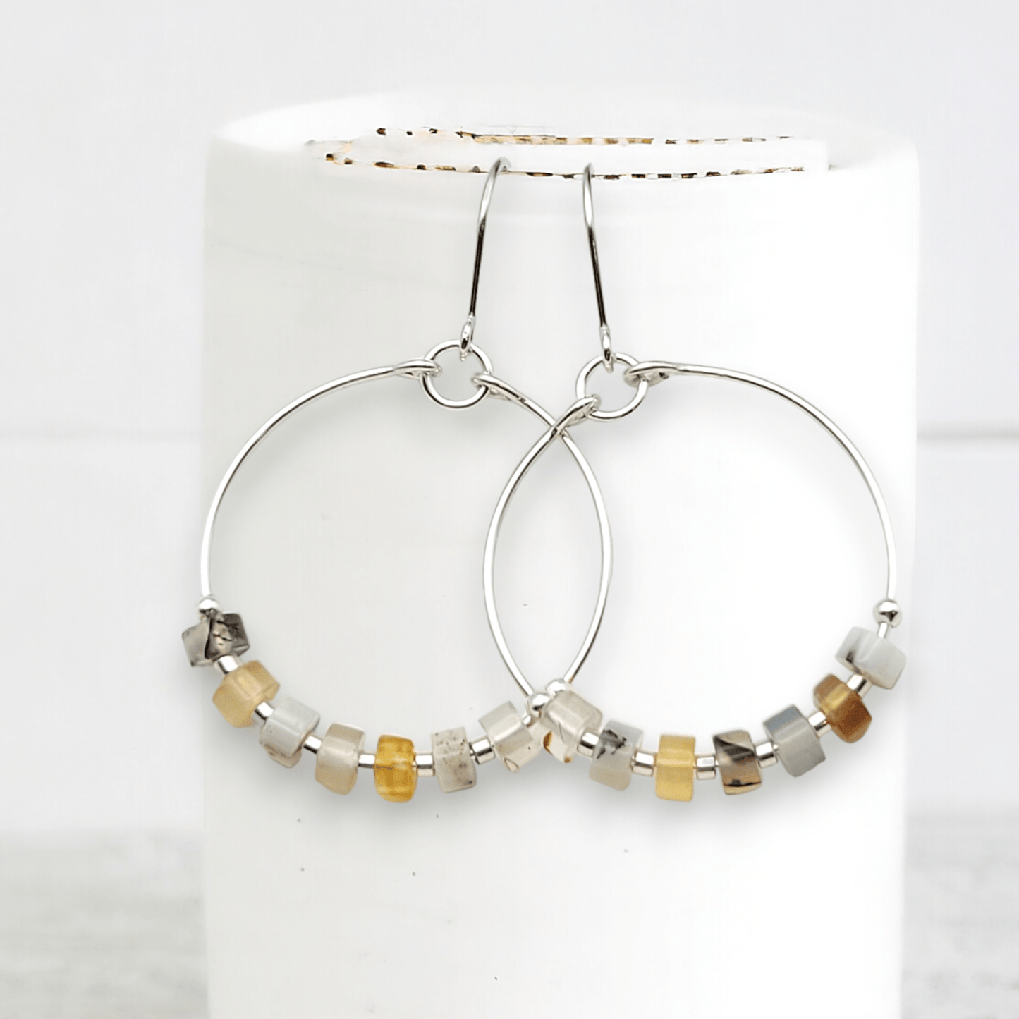 Silver Hoop Earrings with Montana Agate Gemstones - La Vie Est Belle