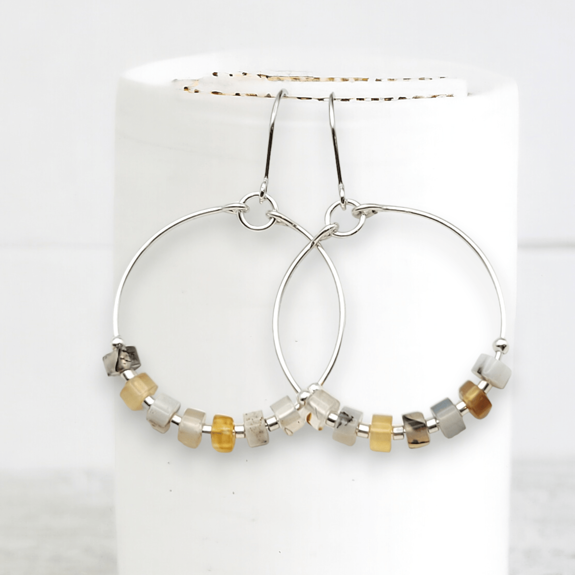 Silver Hoop Earrings with Montana Agate Gemstones - La Vie Est Belle