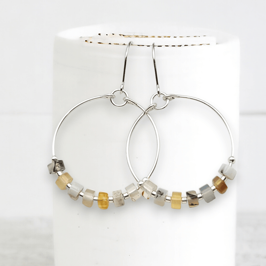 Silver Hoop Earrings with Montana Agate Gemstones - La Vie Est Belle
