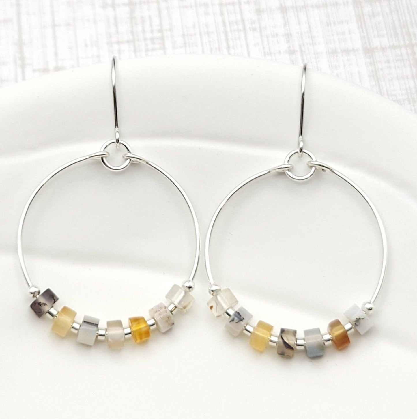 Silver Hoop Earrings with Montana Agate Gemstones - La Vie Est Belle