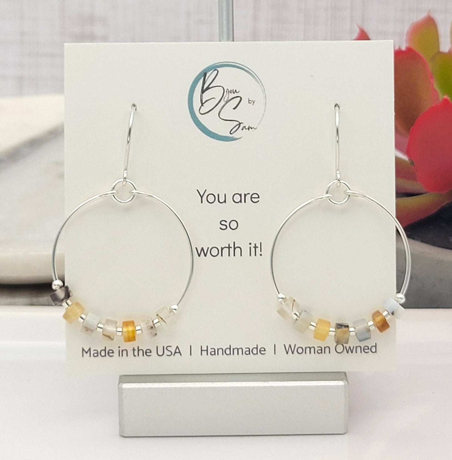 Silver Hoop Earrings with Montana Agate Gemstones - La Vie Est Belle