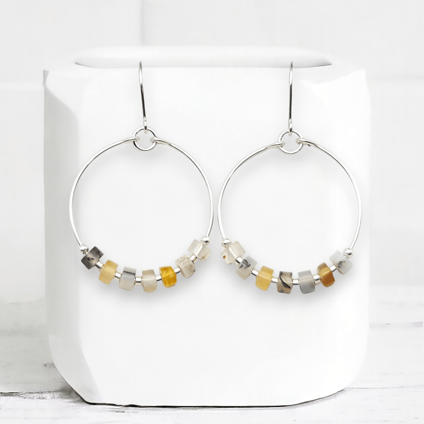 Silver Hoop Earrings with Montana Agate Gemstones - La Vie Est Belle