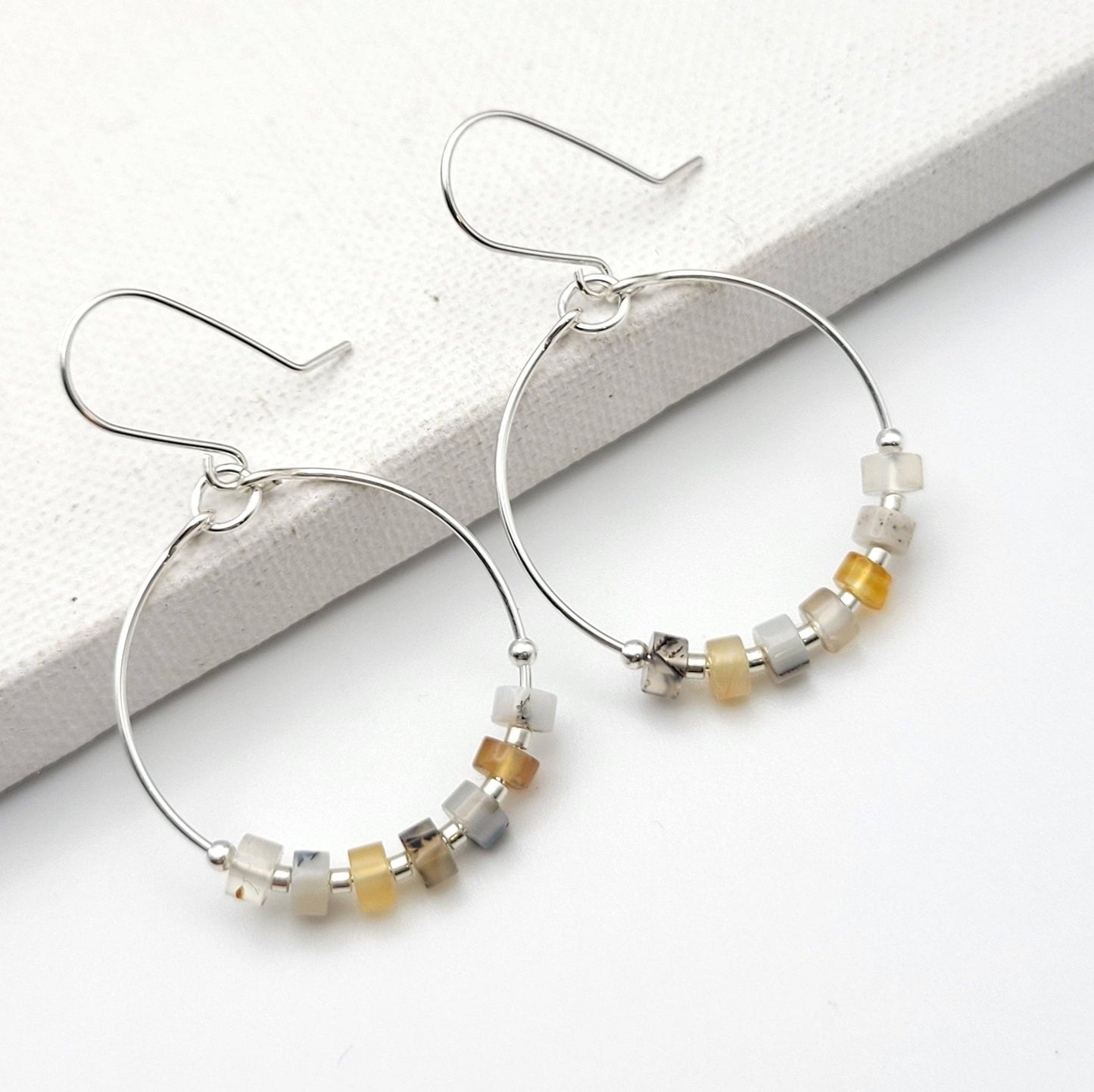 Silver Hoop Earrings with Montana Agate Gemstones - La Vie Est Belle