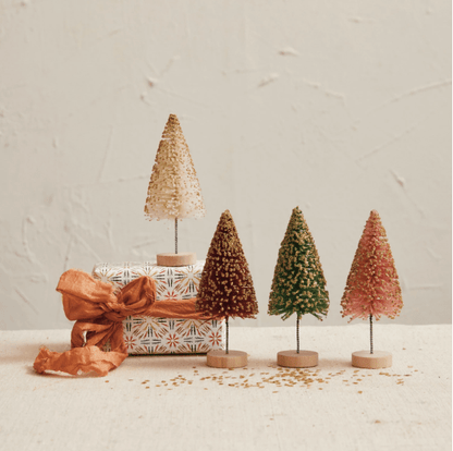 Sisal Bottle Brush Trees w/ Gold Glitter & Wood Base - La Vie Est Belle