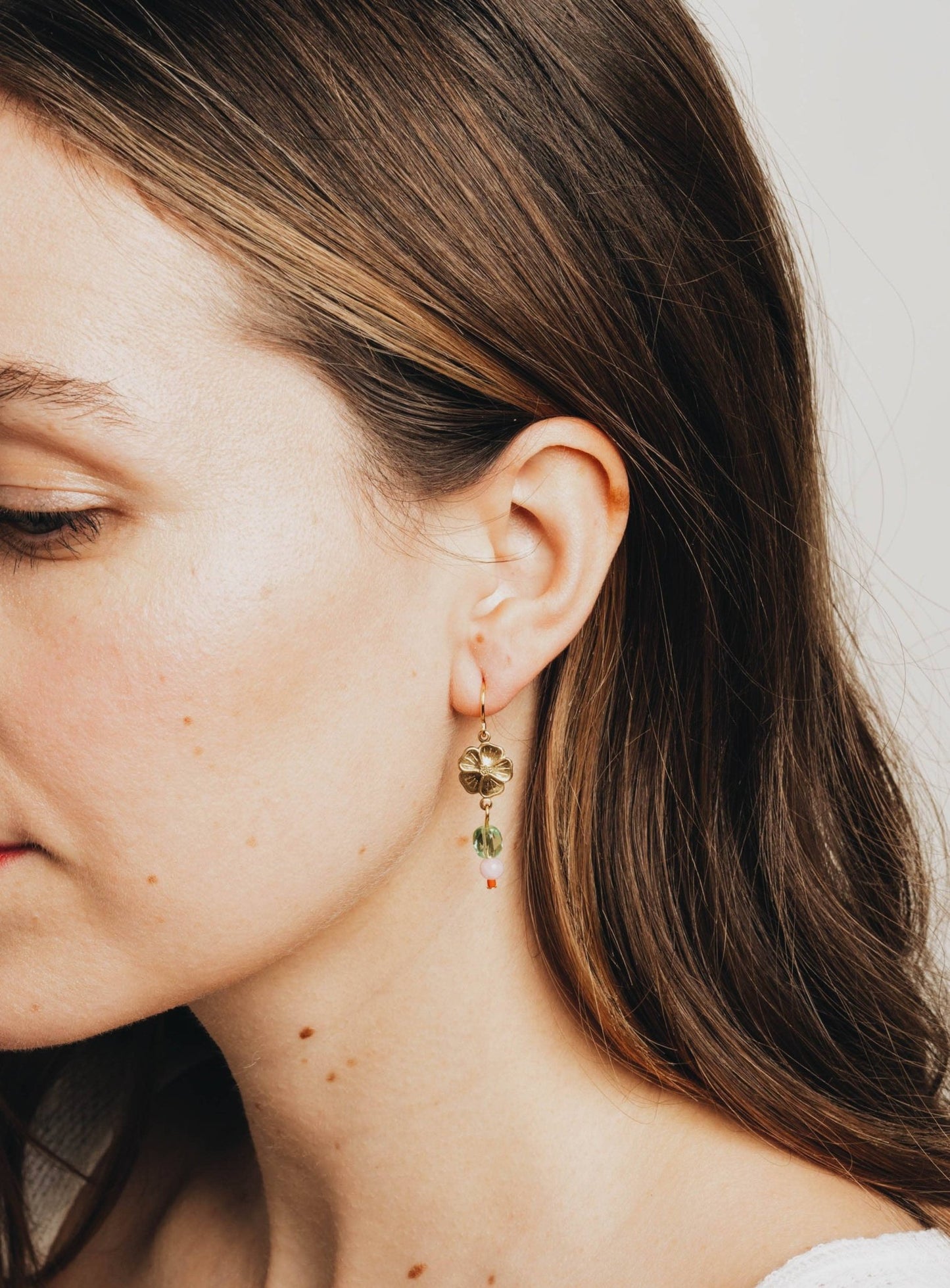 Small Flower With Coral and Rose Quartz Bead Earrings - La Vie Est Belle