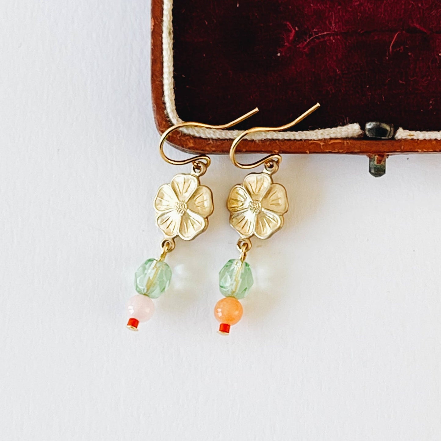 Small Flower With Coral and Rose Quartz Bead Earrings - La Vie Est Belle