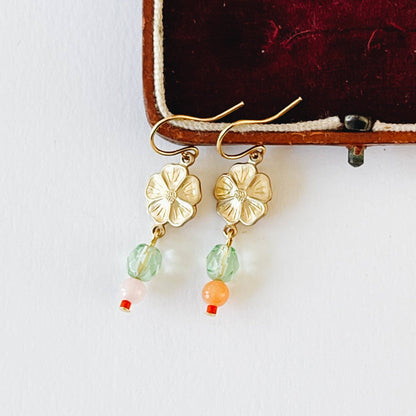Small Flower With Coral and Rose Quartz Bead Earrings - La Vie Est Belle