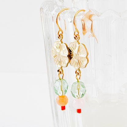 Small Flower With Coral and Rose Quartz Bead Earrings - La Vie Est Belle