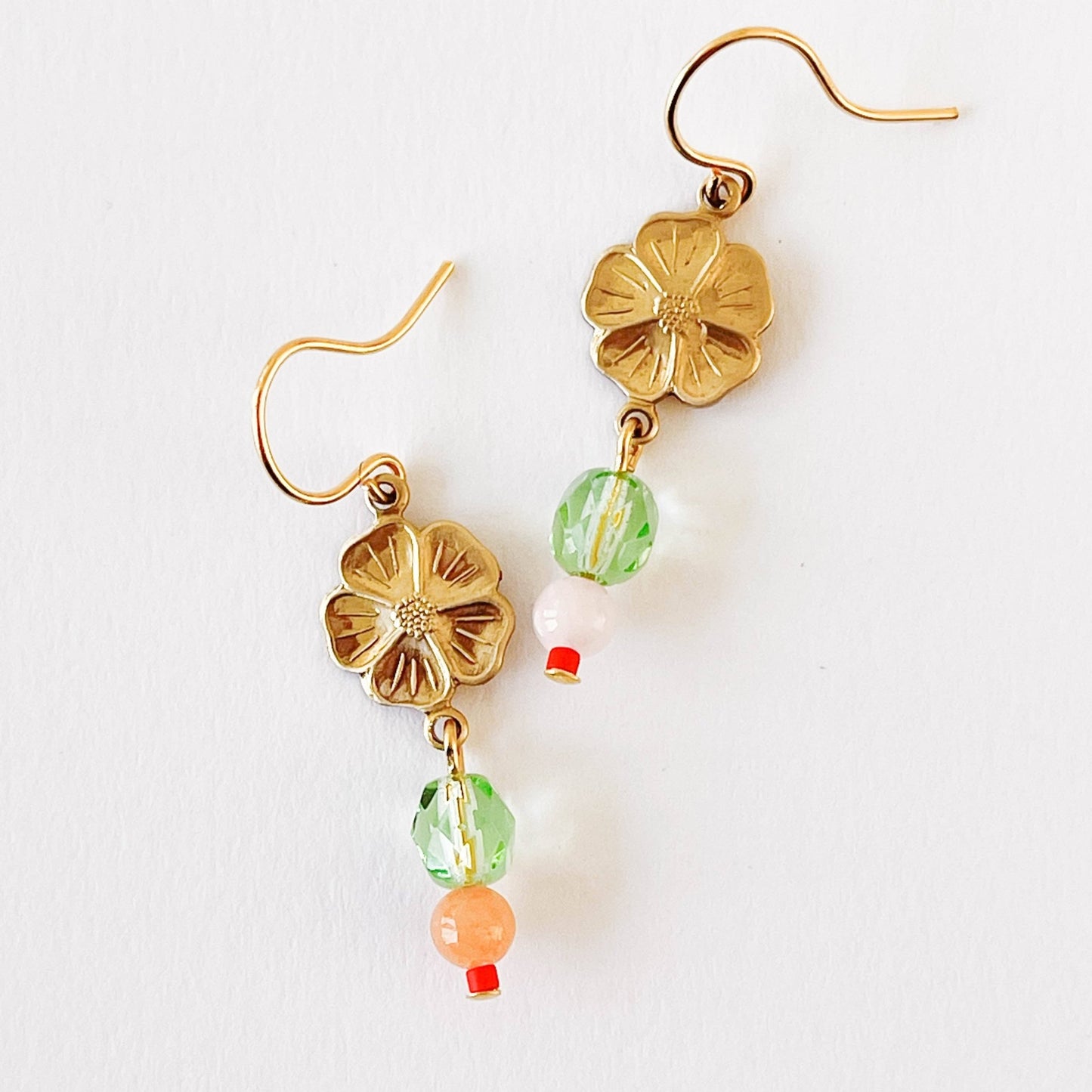 Small Flower With Coral and Rose Quartz Bead Earrings - La Vie Est Belle