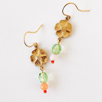 Small Flower With Coral and Rose Quartz Bead Earrings - La Vie Est Belle