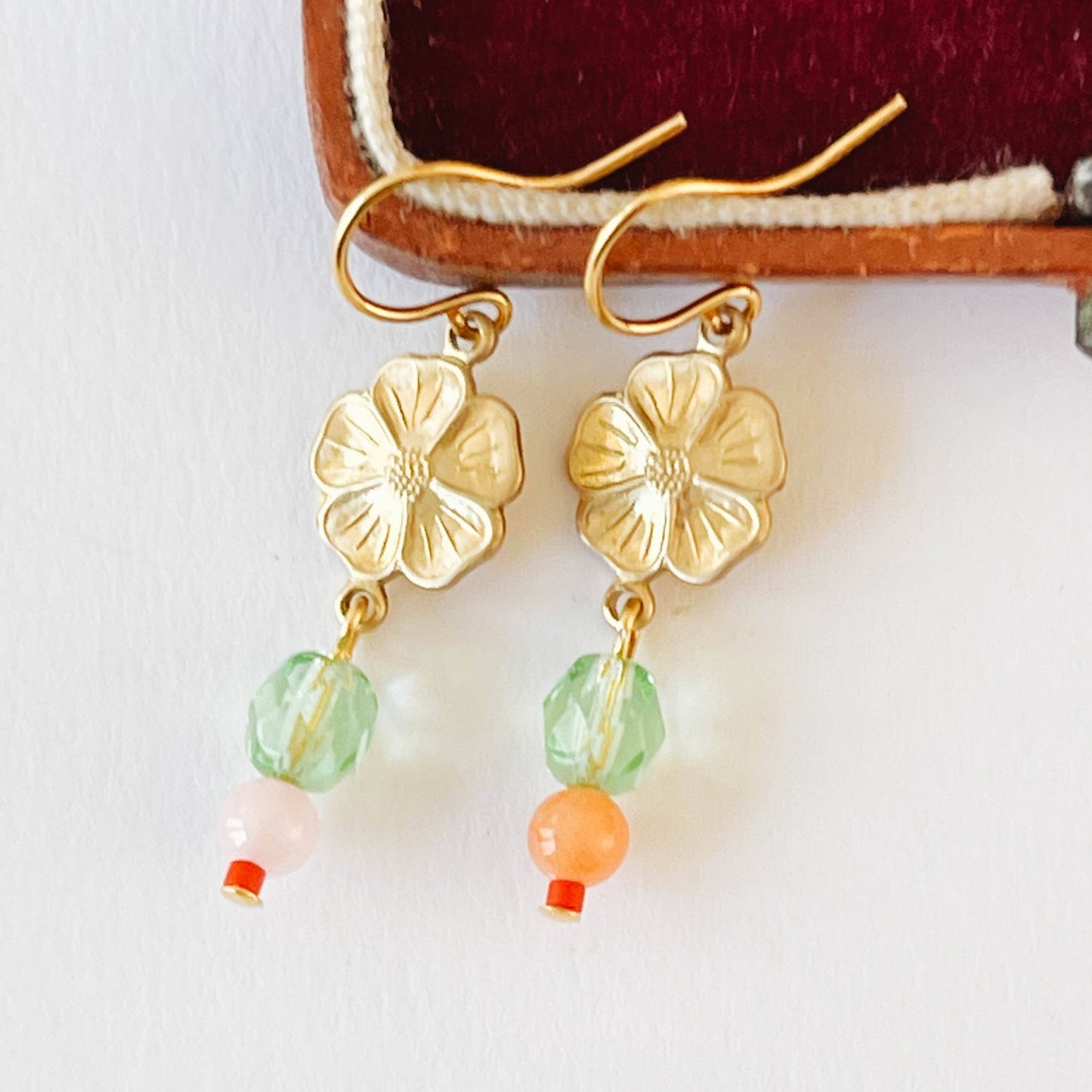 Small Flower With Coral and Rose Quartz Bead Earrings - La Vie Est Belle