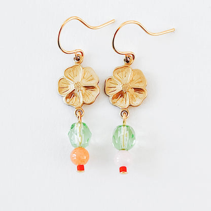 Small Flower With Coral and Rose Quartz Bead Earrings - La Vie Est Belle