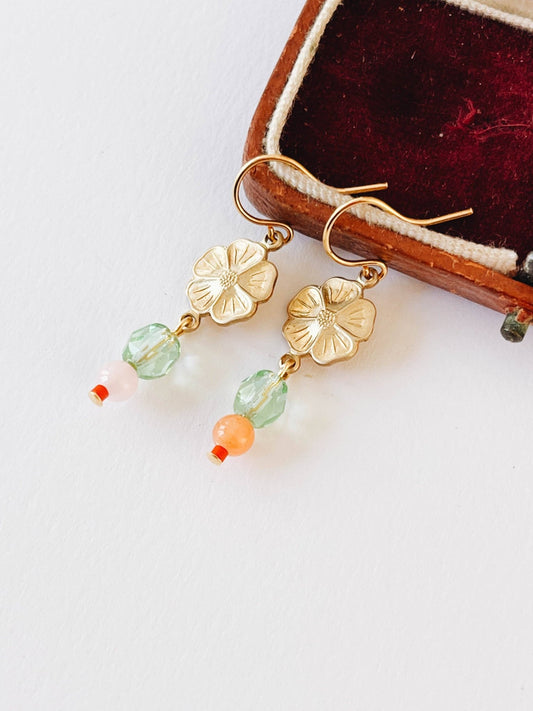 Small Flower With Coral and Rose Quartz Bead Earrings - La Vie Est Belle