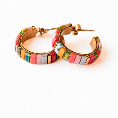 Small Tila Bead Hoop Earrings Gold-Plated, Handmade, Unique - La Vie Est Belle