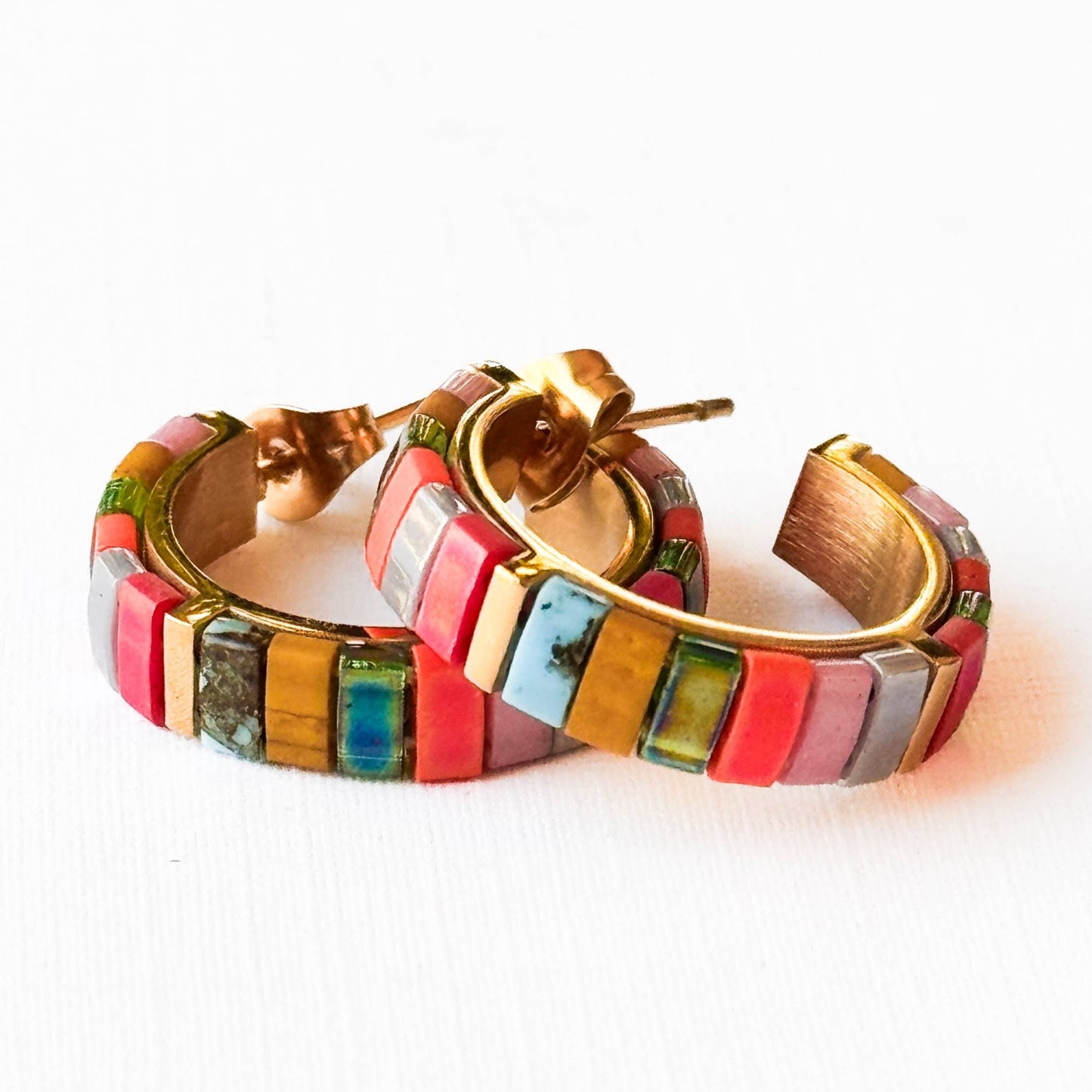 Small Tila Bead Hoop Earrings Gold-Plated, Handmade, Unique - La Vie Est Belle