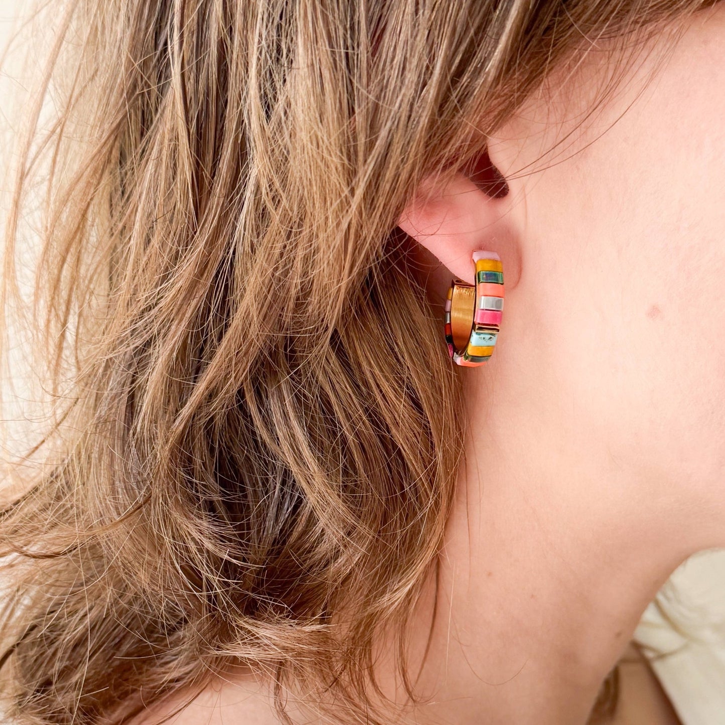 Small Tila Bead Hoop Earrings Gold-Plated, Handmade, Unique - La Vie Est Belle