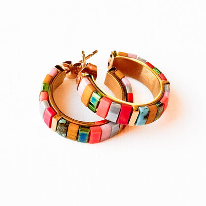 Small Tila Bead Hoop Earrings Gold-Plated, Handmade, Unique - La Vie Est Belle