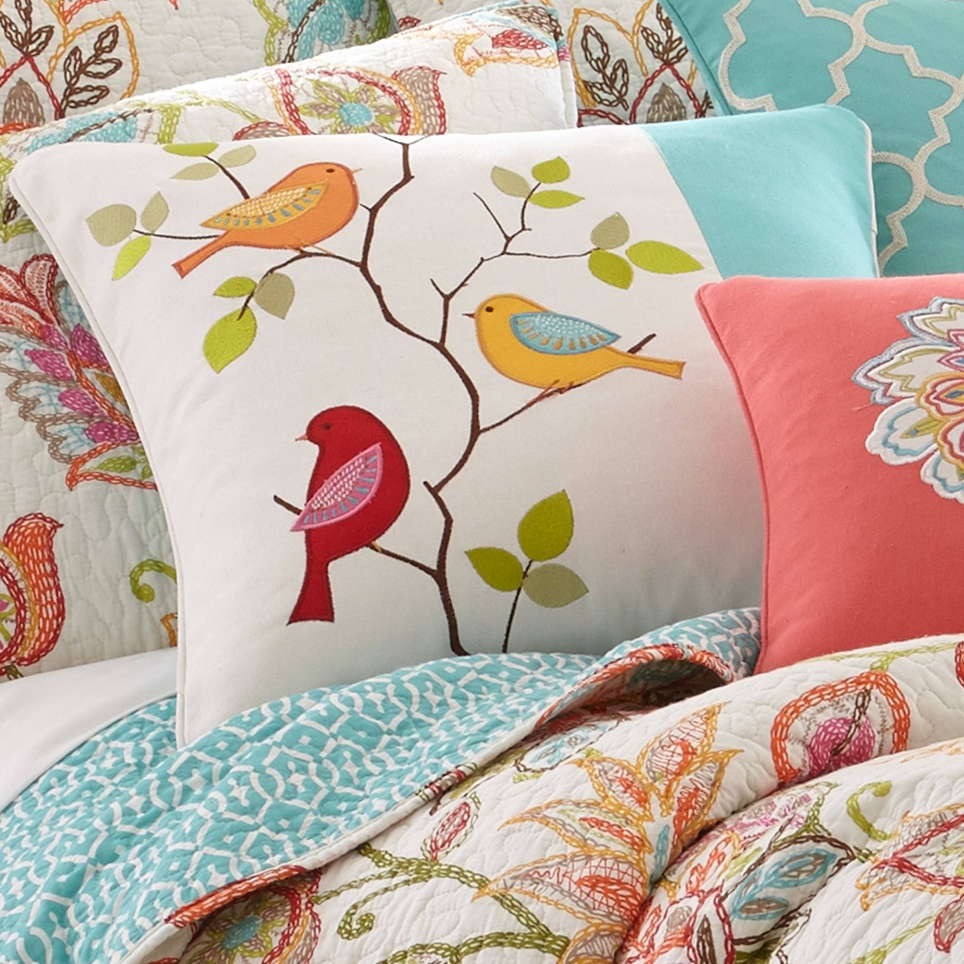 Sophia Pieced Embroidered Bird Pillow - La Vie Est Belle
