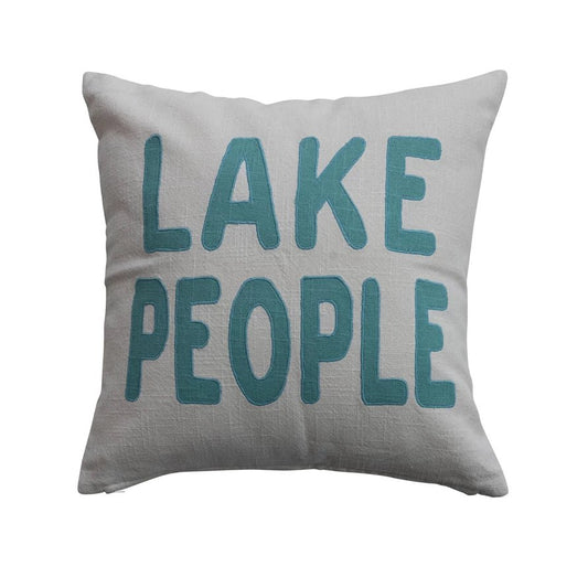 Square Cotton Pillow with Embroidery "Lake People", White & Blue 18" - La Vie Est Belle